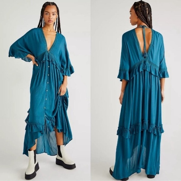 Free People Paradiso Boho Ruffle Lace V-Neck Maxi Dress in Lagoon Sz XS SOLD OUT - Picture 1 of 14